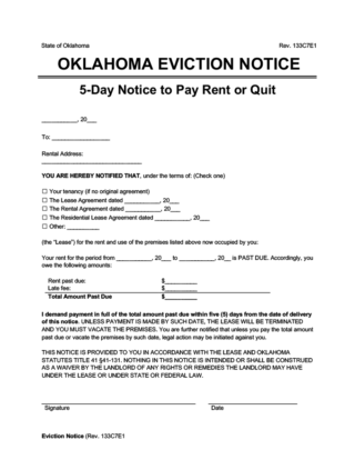 Oklahoma eviction notice - 5 day notice to quit for non-payment of rent