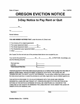 Oregon eviction notice - 3 day notice to quit for non-payment of rent