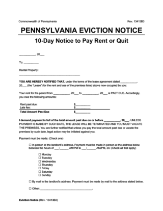 Pennsylvania eviction notice - 10 day notice to quit for non-payment of rent