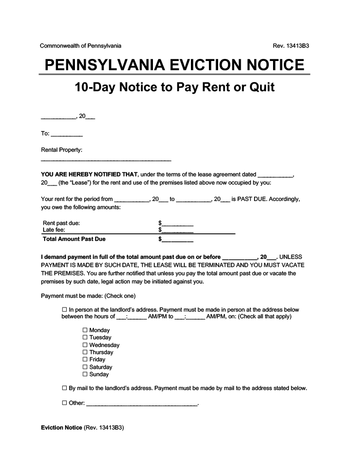 Pennsylvania eviction notice - 10 day notice to quit for non-payment of rent
