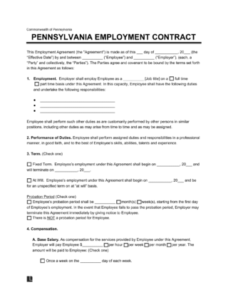 Pennsylvania employment contract form template