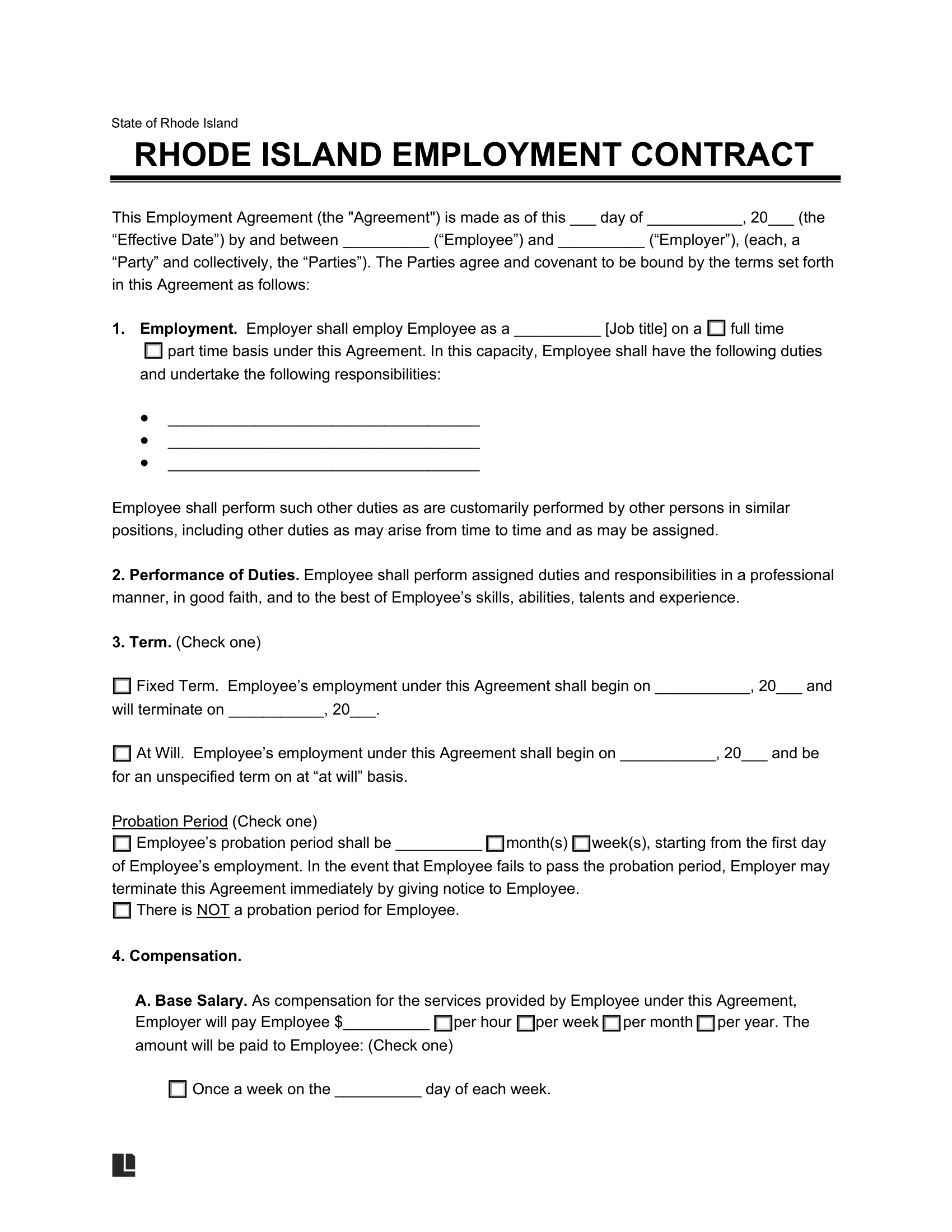 rhode island employment contract template form