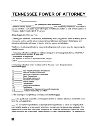 Tennessee power of attorney template