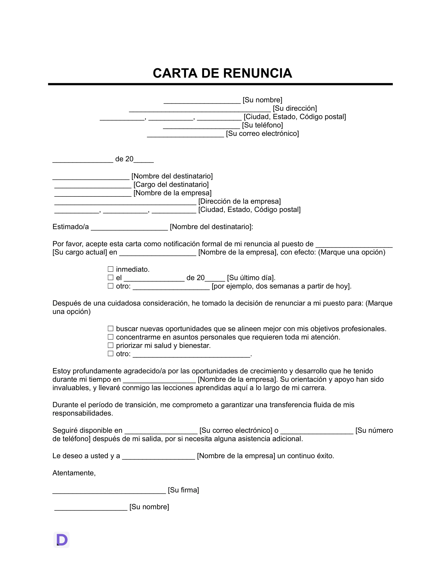 plantilla de carta de renuncia
