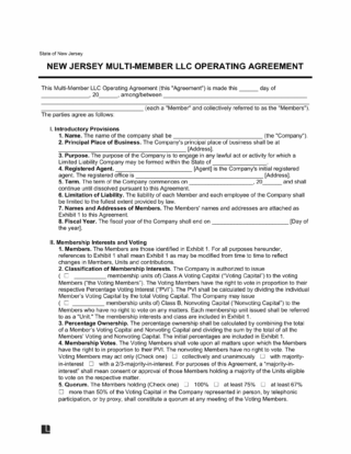 New Jersey Multi-Member LLC Operating Agreement Template