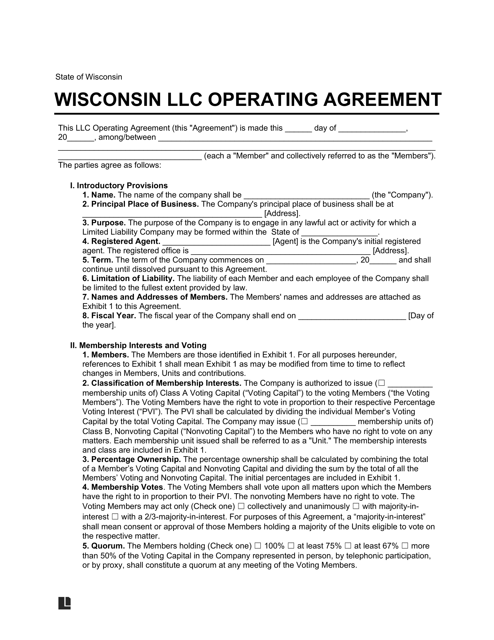 Wisconsin LLC Operating Agreement