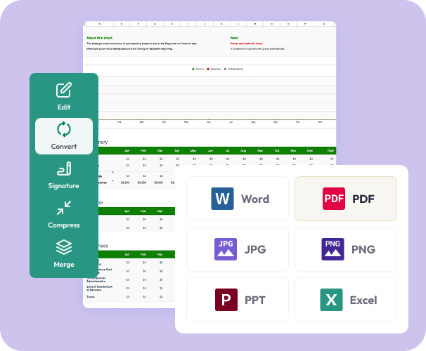 Excel to PDF converter showing a spreadsheet preview with options to convert the file to PDF and other formats.
