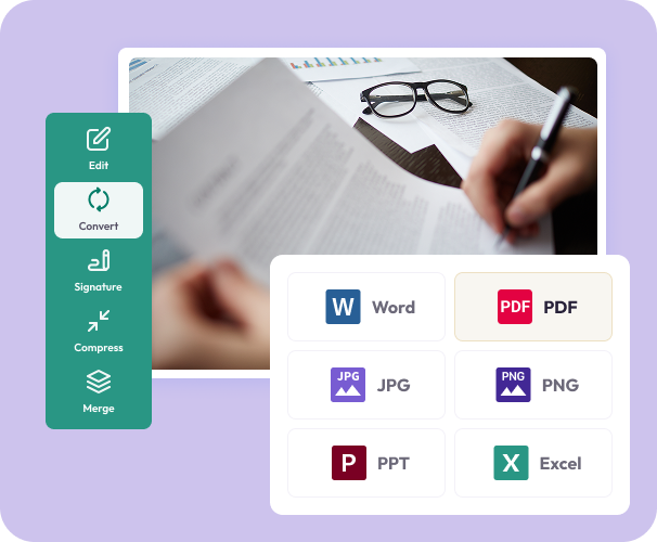 JPG to PDF converter showing an image preview with options to convert the file into a PDF and other formats.