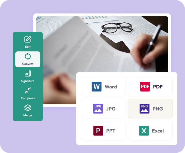 File conversion interface showing a preview of a person reviewing a document and menu options to convert files with PNG selected.