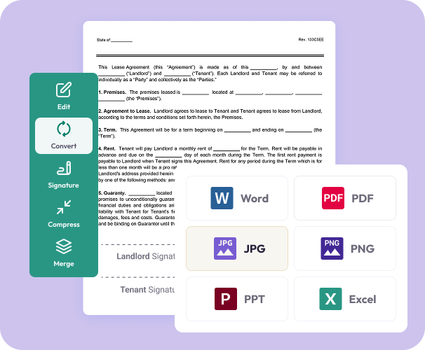 Document conversion interface displaying a lease agreement preview, a vertical toolbar with options like Edit, Convert, Signature, Compress, and Merge, and various output file format icons including Word, PDF, JPG, PNG, PPT, and Excel.