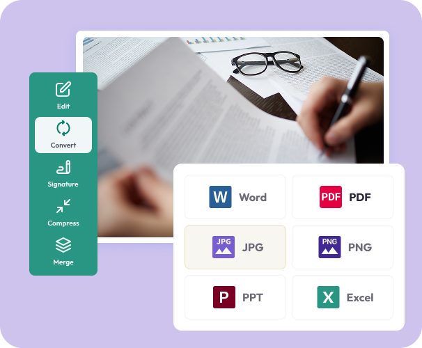 Image conversion interface showing a document preview and options to convert files with JPG selected.