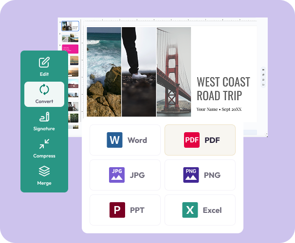 PowerPoint to PDF converter showing a slide deck preview with options to convert the presentation to PDF and other formats.