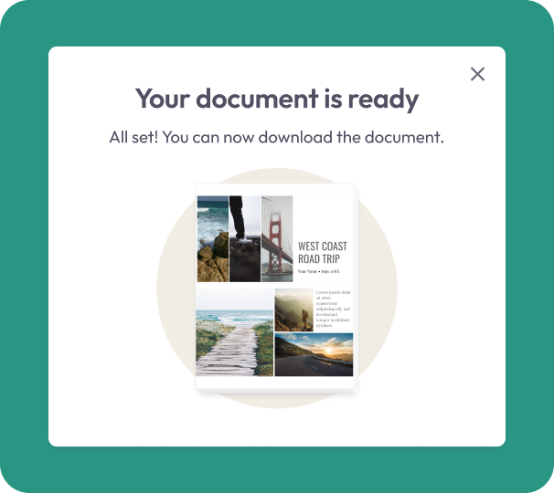 Confirmation popup stating ‘Your document is ready’ with a preview of the converted PowerPoint slides as a PDF