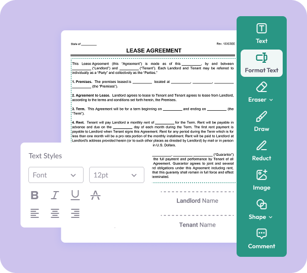 PDF editor interface displaying a lease agreement with text formatting controls and tools to add text, draw, highlight, images, shapes, and comments.