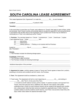 South Carolina Lease Agreement Template