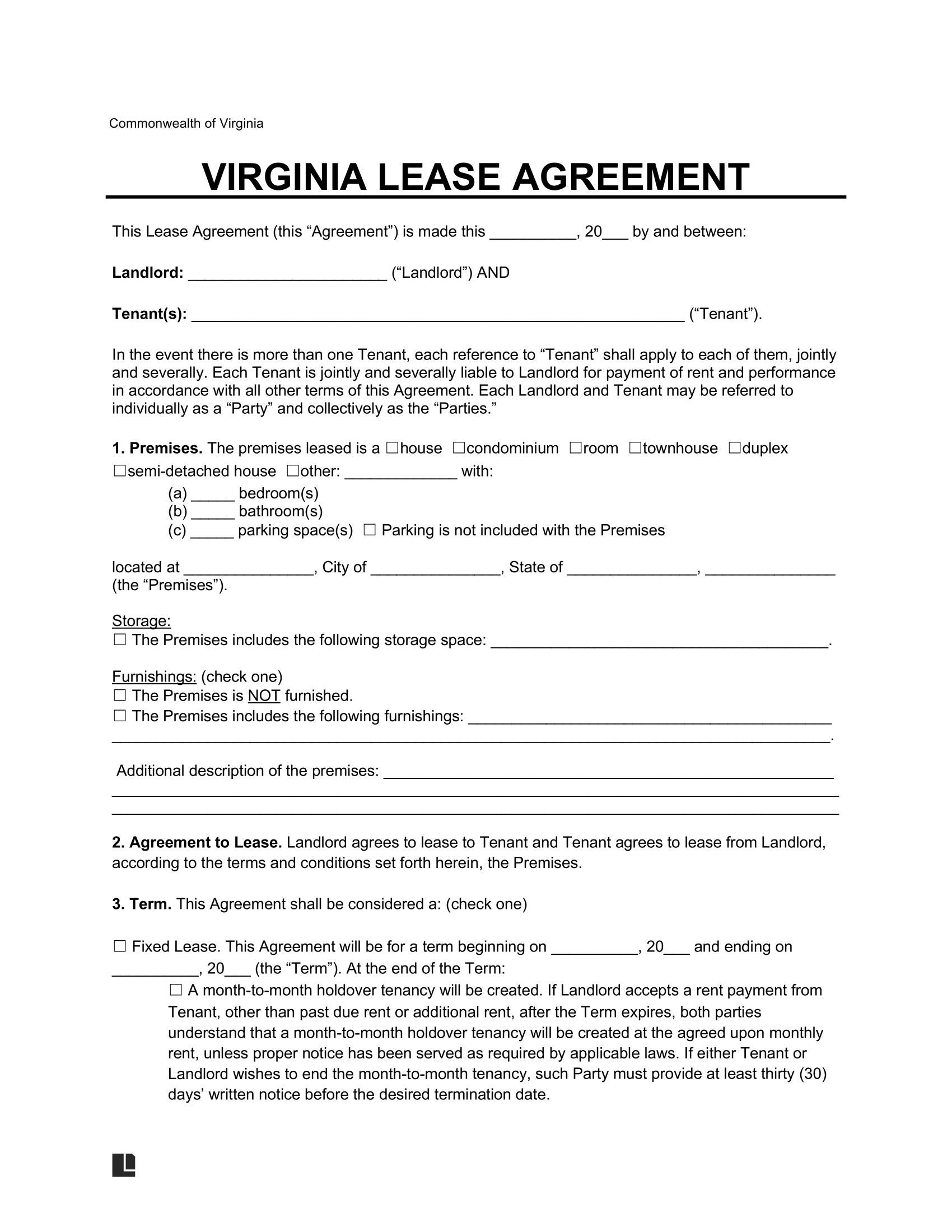 Virginia lease agreement template