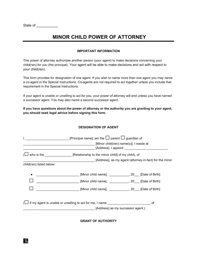 Minor (Child) Power of Attorney