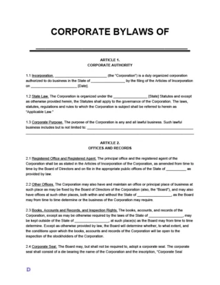 corporate bylaws template