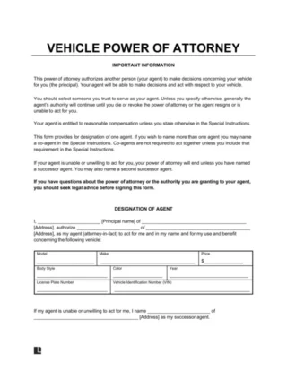 Motor Vehicle Power of Attorney Form