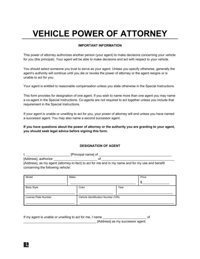 Motor Vehicle Power of Attorney Form