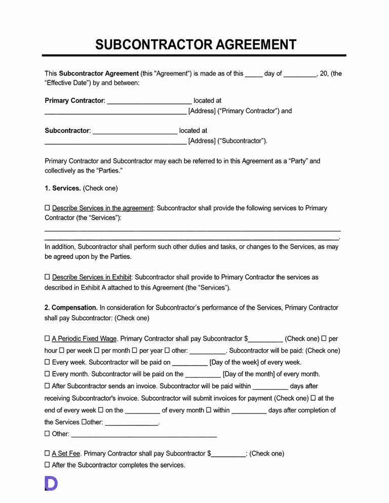 subcontractor agreement template