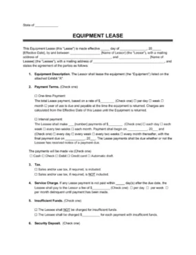 Equipment lease agreement template