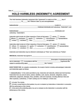 Hold Harmless (Indemnity) Agreement Template