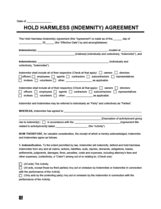 Hold Harmless (Indemnity) Agreement Template