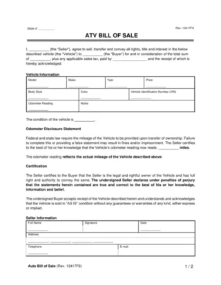 ATV Bill of Sale Form