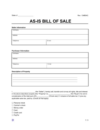 As-Is Bill of Sale Template