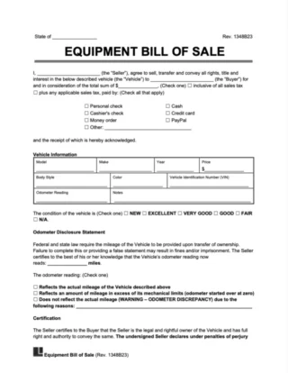 Equipment Bill of Sale