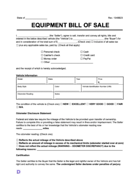 equipment bill of sale form template