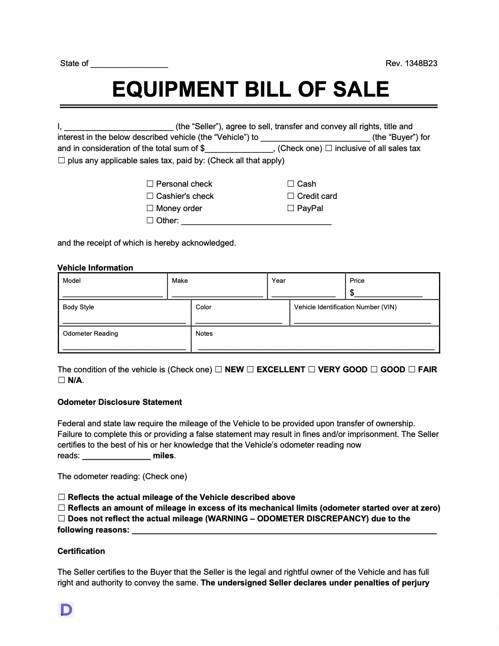 equipment bill of sale form template