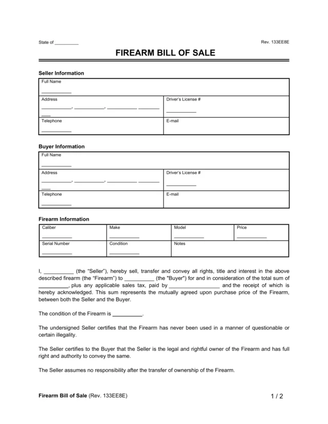 Firearm Bill of Sale Form