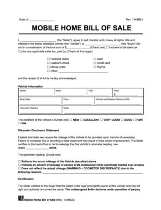 Mobile Home Bill of Sale