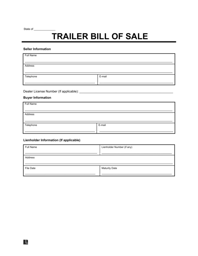 Trailer Bill of Sale Form