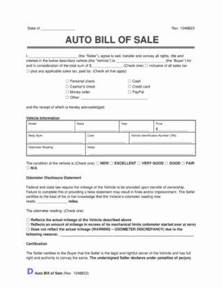 Sample of a vehicle bill of sale for a car, truck, or other automobile